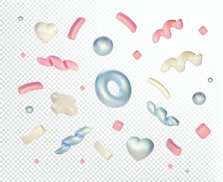 Vector 3d confetti firework particles. Firework carnival elements. Birthday party pastel realistic firecracker icons, cute design elements isolated. Serpentine decoration ribbon. heartのイラスト素材
