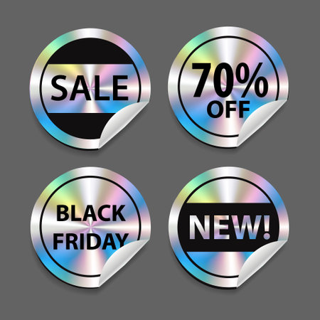 Hologram circle stickers set, label with holographic effect. Discount badge Shiny rainbow templates. New, 70% off, Best Sale, 100% black friday. Vector illustrationのイラスト素材