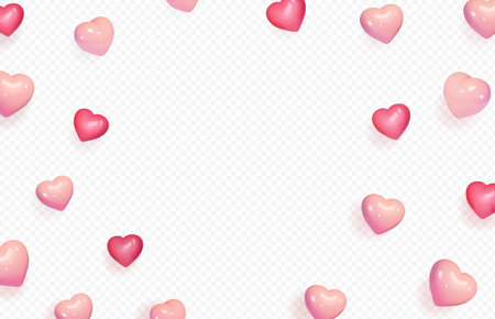 Hearts flying on transparent background. Heart shaped 3d icons of love for birthday greeting card, womens, Mothers, Valentines Day, Vector illustrationのイラスト素材