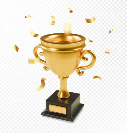 Trophy cup 3d realistic with gold confetti. Champion sport award, shiny golden cup, win first place cup Winner prize, championship gobletのイラスト素材