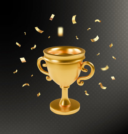 Realistic golden Trophy with falling confetti, isolated on black background Championship gold cup, sport tournament award Vector Illustrationのイラスト素材