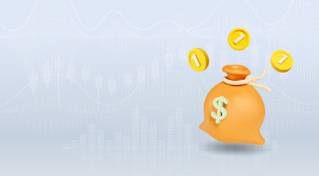 3D pouch Money bag and gold coins, Business and finance concept. Loan, invest plan poster, deposit and profitのイラスト素材