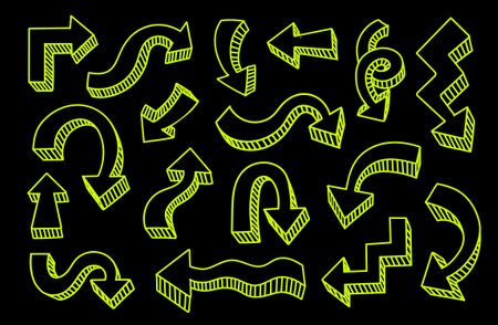 Set of hand drawn doodle arrows yellow acid color on black background.. Sketch pointers neon design elements., vector illustration.のイラスト素材