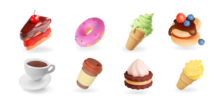 Sweet food 3d icon. Coffee cup, take away and cappuccino. Cookies, sweet cake desserts, pancake with chocolate and donut Bakery shop vector setのイラスト素材