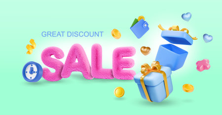 3d illustration of sale banner on azure background, sale word balloon with wallet, shopping bags, gift box, coins and confetti elements flying aroundのイラスト素材