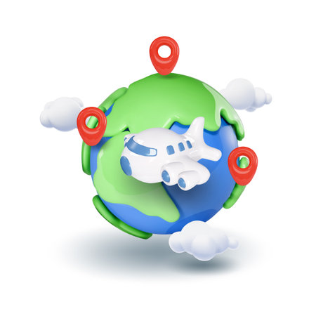 Travel concept with the Earth, clouds, airplane and pins. Vector 3d icon illustrationのイラスト素材