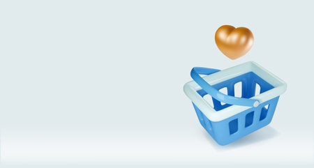 3d shopping cart and heart sign. Shopping bag for buy, sale, discount, promotion. Supermarket cart Vector illustrationのイラスト素材