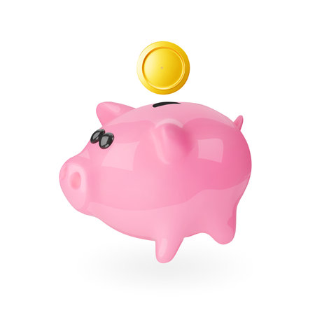 Piggy bank and gold coin. 3d pig icon. Money saving business concept. Realistic vector 3d design. Financial services. Safe finance investment.のイラスト素材