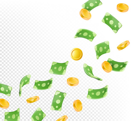 Dollar money rain. Green dollar and gold coins falling on white background. Casino win, cash flying, bank currency explosionのイラスト素材