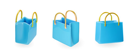 Set of blue realistic shopping bags. Mall sale bag isolated on white background. paper gift pack render Vector 3d illustrationのイラスト素材