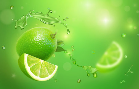 Falling slice lime fruit into green mojito. 3d realistic vector illustration. Green citrus beverage Packaging design elements. Juicy advertising citrus. Cocktail juice.のイラスト素材