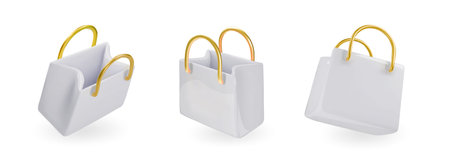 Shopping bags set. 3D paper white bag on white background, Sale icons, online shopping sign, discount offer, gift bag package render collectionのイラスト素材