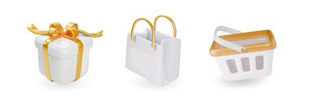 Shopping promotion white luxury, 3d render vector icon set white and gold color. Gift, bag, gift box, plastic shopping cartのイラスト素材