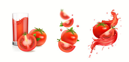 Red tomato juice splash. Tomato drink in a drinking glass. 3d realistic vector icon setのイラスト素材