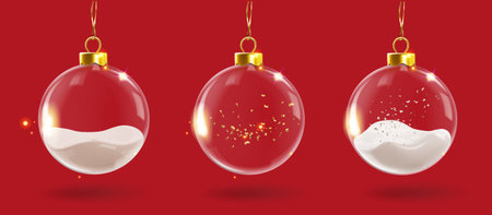 Realistic Christmas glass baubles transparent balls inside snow, hanging on gold ribbon, 3d xmas tree decoration set isolated on red background. Xmas design elements decorations. vector illustrationのイラスト素材