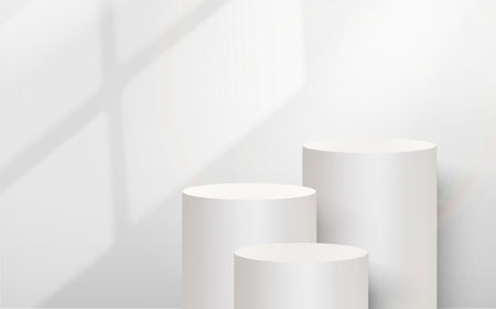 3D white round podium set background with light and shadow. Abstract geometric composition in minimalist design. Studio display showroom product pedestal, Showcase platformsのイラスト素材
