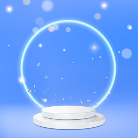 Abstract 3D white pedestal podium with glowing light blue circle backdrop. Blue minimal wall scene for product display presentation. Vector platform.のイラスト素材