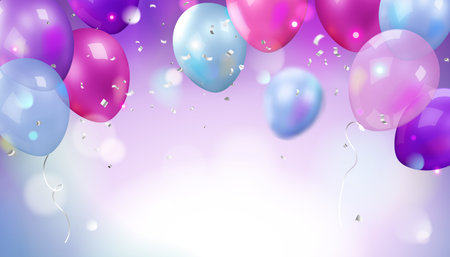 3d purple blue helium balloon background with confetti. Surprise celebration, birthday anniversary Abstract luxury banner with violet balloons decoration. Realistic. Congratulation templateのイラスト素材