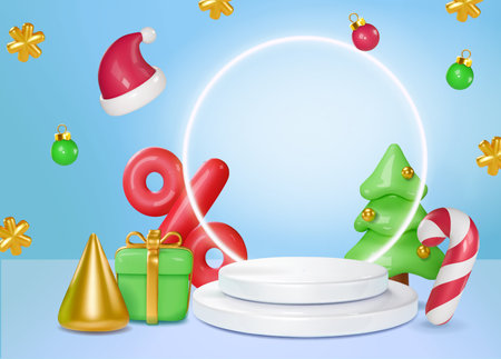 Christmas and New Year Sale. Realistic 3d design stage podium, round studio. Blue background Gift box, candy cane, christmas tree Decorative festive elements Xmas . Vector illustrationのイラスト素材