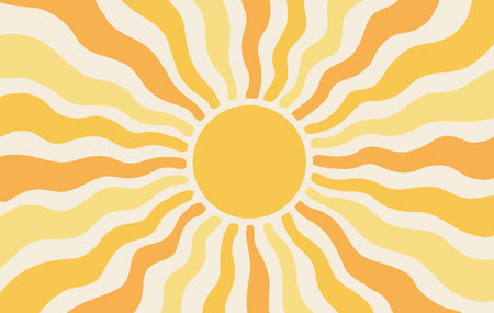 Sun groovy background, summer retro radial burst, yellow graphic wavy. Sun burst sunshine. Abstract trendy sunshine poster. Cartoon light beam print. vector illustrationのイラスト素材