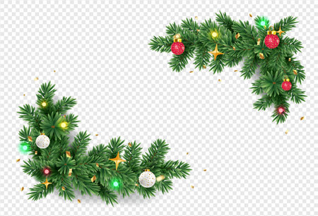 Pine tree branch border realistic vector illustration. Fir twigs with green needles, corner frame isolated on transparent background. Xmas design elements Winter holiday evergreen decoration,のイラスト素材