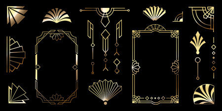 Geometric art deco ornament abstract vector set. Luxury golden decorative elements. Different gold lines frames, headers and borders. Modern design for card, invitation, poster.のイラスト素材