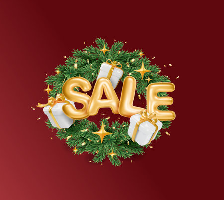 Christmas sale poster. Wreath with gift boxes and gold stars. 3d gold balloon lettering New Year sales Round frame from fir branches. Vector Christmas marketing, holiday promotions designのイラスト素材