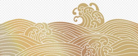 Japanese sea wave golden background vector. Dragon Boat Festival traditional waves Wallpaper design ocean wave pattern backdrop. Modern luxury oriental illustration for cover, banner, website,のイラスト素材