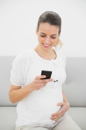 Gorgeous pregnant woman messaging with her smartphone while holding her belly sitting on couchの写真素材