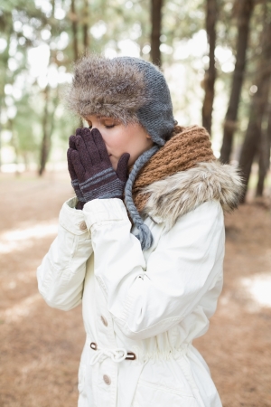 Beautiful woman in fur hat with woolen scarf and jacket sneezing in the woodsの写真素材