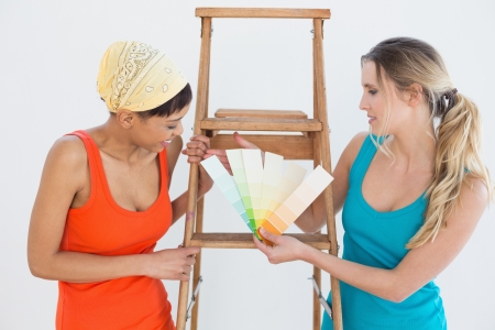 Two female friends with ladder choosing color for painting a room in new houseの写真素材