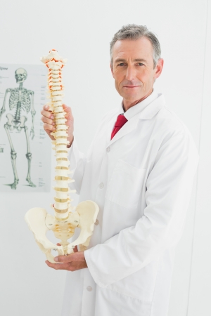 Portrait of a confident male doctor holding skeleton model in his officeの写真素材