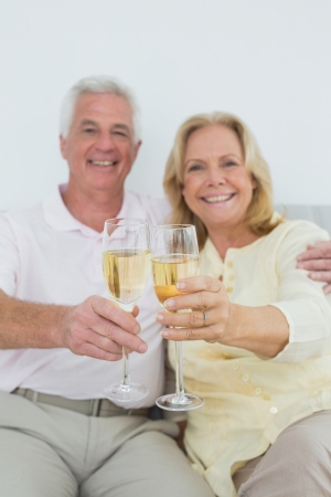 Portrait of a happy senior couple holding out champagne flutes at homeの写真素材