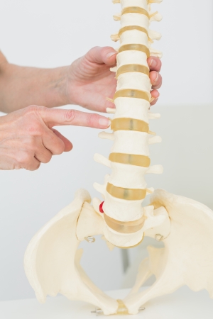 Extreme close-up of a finger pointing at skeleton model over white backgroundの写真素材