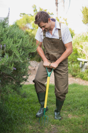 Full length of a young man in dungarees raking the gardenの写真素材