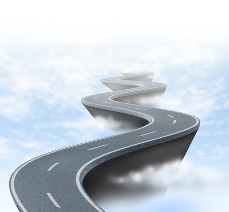 Risk and uncertainty represented by a winding road high above the clouds showing the concept of danger and extreme challenges faced in business and life. Risk and uncertainty represented by a winding road high above the clouds showing the concept of danger and extreme challenges faced in business and life.