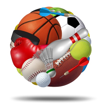 Sports ball as a sphere made with an organized group of sport equipment as football basketball hockey golf soccer bowling tennis badminton football baseball darts and boxing on a white background