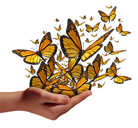 Hope and freedom concept as a human hand releasing a group of butterflies as a symbol for educationcommunication and spreading ideas with social marketing isolated on a white background.