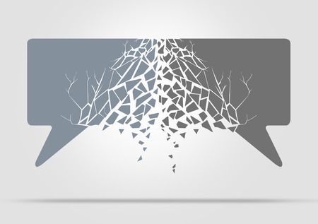 Communication breakdown concept as speech bubbles icon symbold crashing into one another resulting in damages as a metaphor for social chat problems and diplomacy debating and workplace argument. Communication breakdown concept as speech bubbles icon symbold crashing into one another resulting in damages as a metaphor for social chat problems and diplomacy debating and workplace argument.