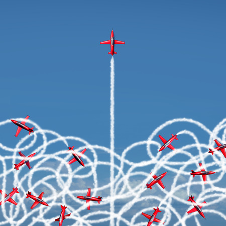 Management leadership concept and managing a crisis as a business symbol with a group of acrobatic jet airplanes creating confused tangled smoke trails with one jet breaking free to a clear path of risk opportunity as a metaphor for organization success.