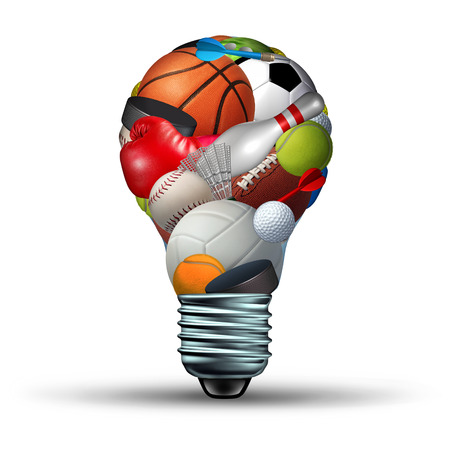 Sports activity ideas concept as a lightbulb shape on a white background with sports equipment as football soccer basketball boxing golf tennis  as a symbol for physical fitness and exercise for a healthy leisure active lifestyle.