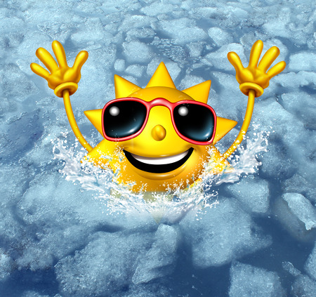 Coooling off fun and cool down concept as a happy hot sun character diving into frozen ice water as a symbol for managing hot weather summer heat and refreshing break from a heatwave. Coooling off fun and cool down concept as a happy hot sun character diving into frozen ice water as a symbol for managing hot weather summer heat and refreshing break from a heatwave.