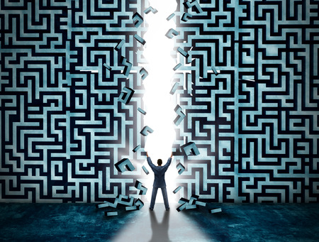 Entrance business solution concept as a businessman opening a maze or labyrinth creating a doorway with glowing light as a metaphor for opportunity and solving a problem.