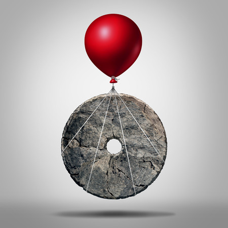 Technology progress and invention revolution,symbol as an early stone wheel being lifted by a balloon as a modernization metaphor for advancing innovation as an icon for business evolution.