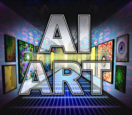 AI art or artificial painting symbol representing artistic works that would be generated by a computer as a simulation of human creative ability as a creativity concept in a 3D illustration style.の素材