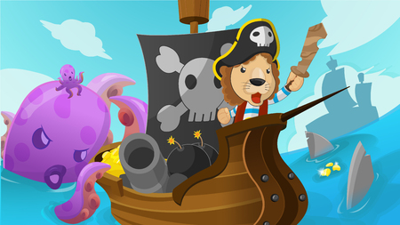 Lion Pirate Adventure Fantasy Cartoon Vectorのイラスト素材