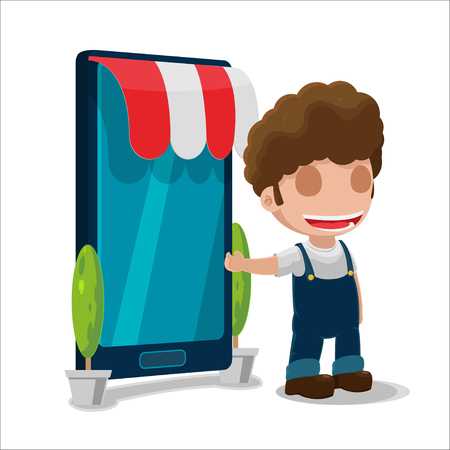 Man Owner Smart Phone Shopのイラスト素材