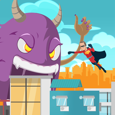 Cities Superhero Monster Battle Action Vectorのイラスト素材