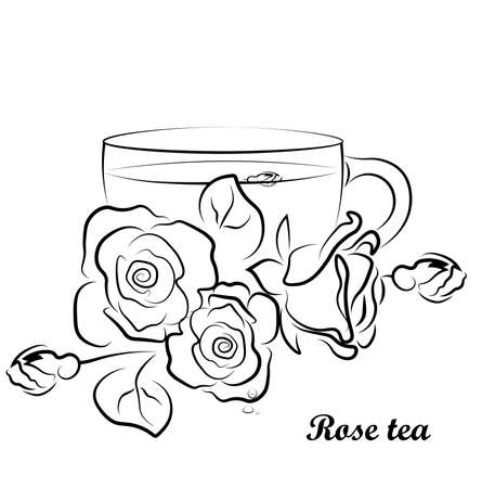 Rose tea vector black outlines. Cup of rose tea vector contour. Rose black lines and cup without pouring on a white backgroundのイラスト素材