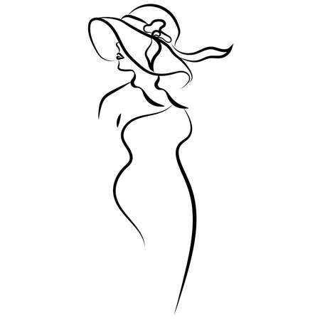 Woman silhouette black vector outline. Woman in hat black lines. Girl in a hat vector summer illustrationのイラスト素材